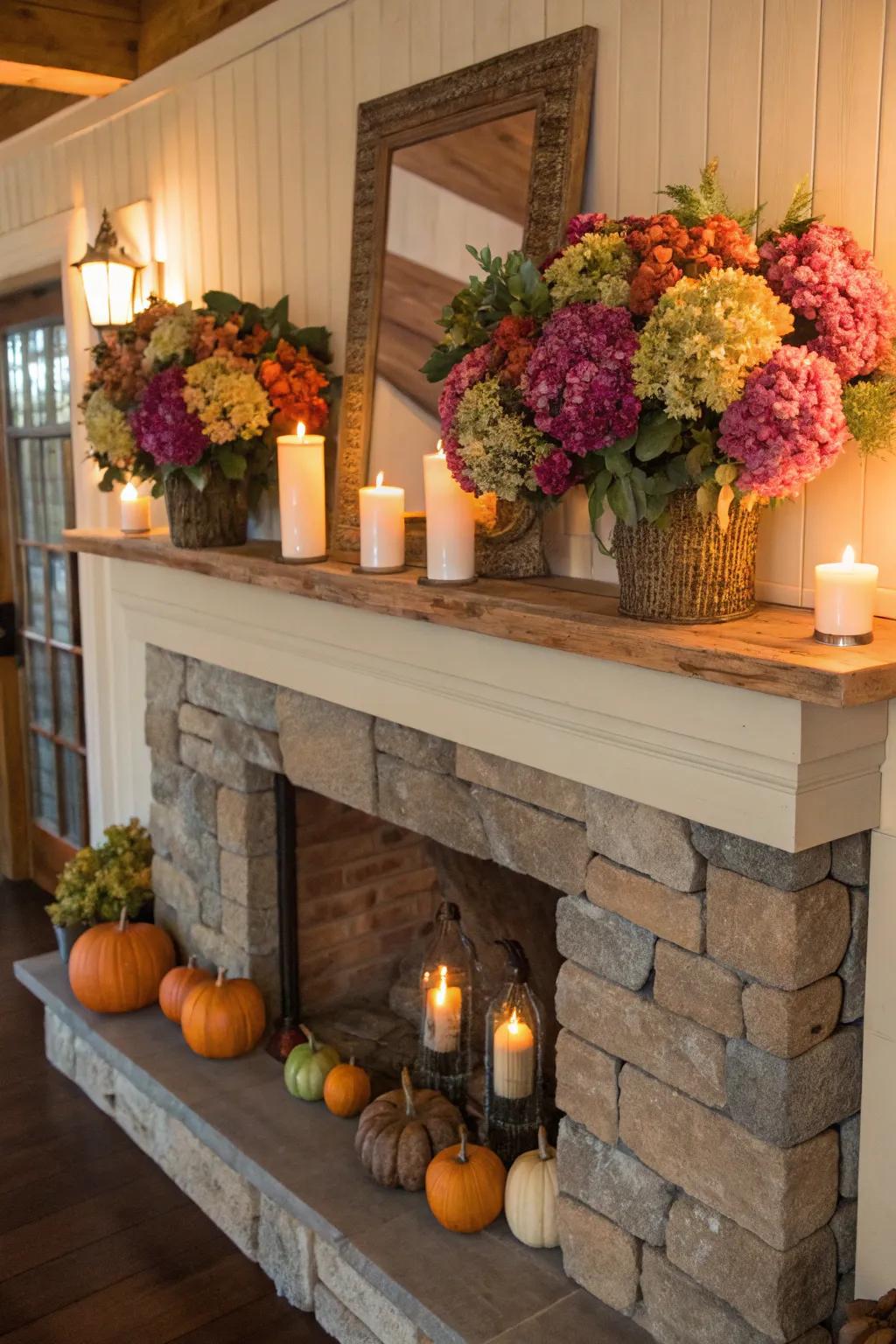 Create seasonal charm with hydrangeas on your mantel.