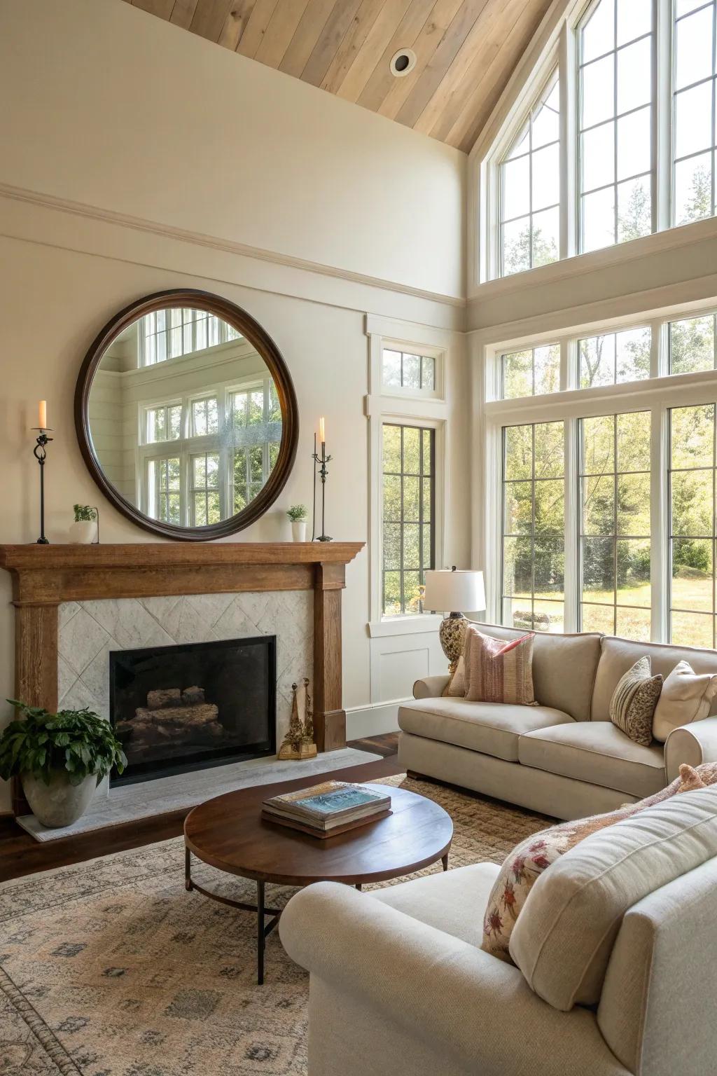 A living room enhanced by a round mirror reflecting natural light.