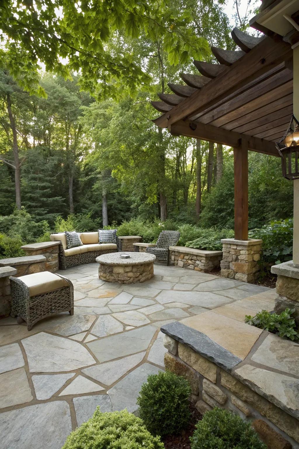 Natural stone brings an elegant touch to this detached patio.