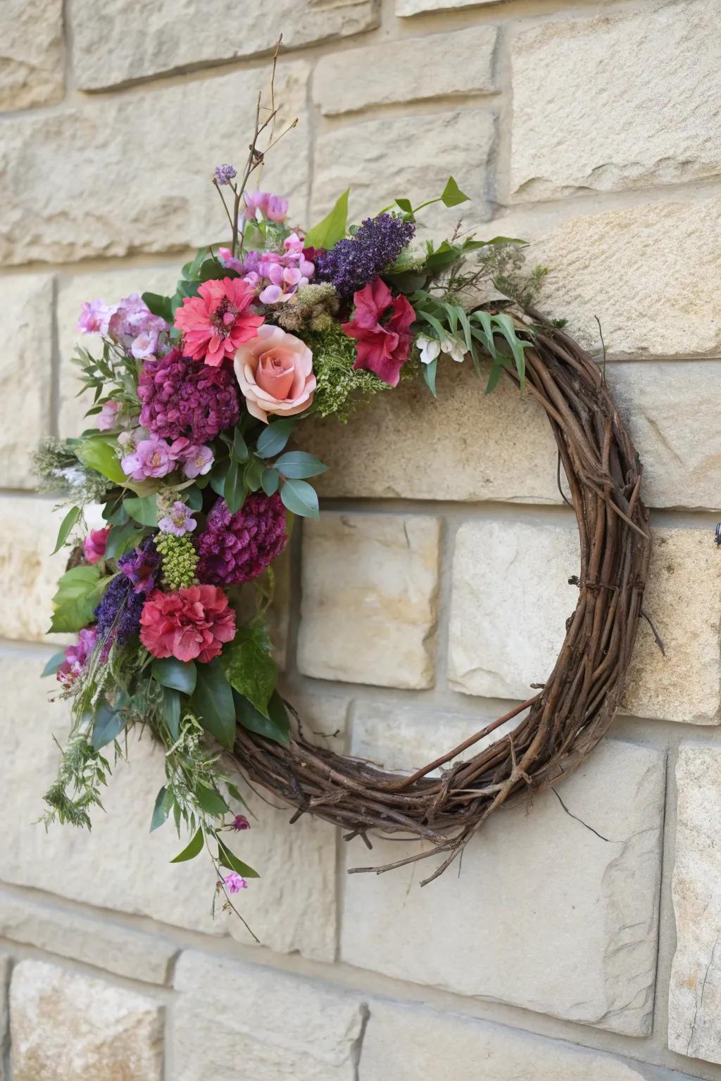 Elegance meets tradition with a grapevine and silk flower wreath.