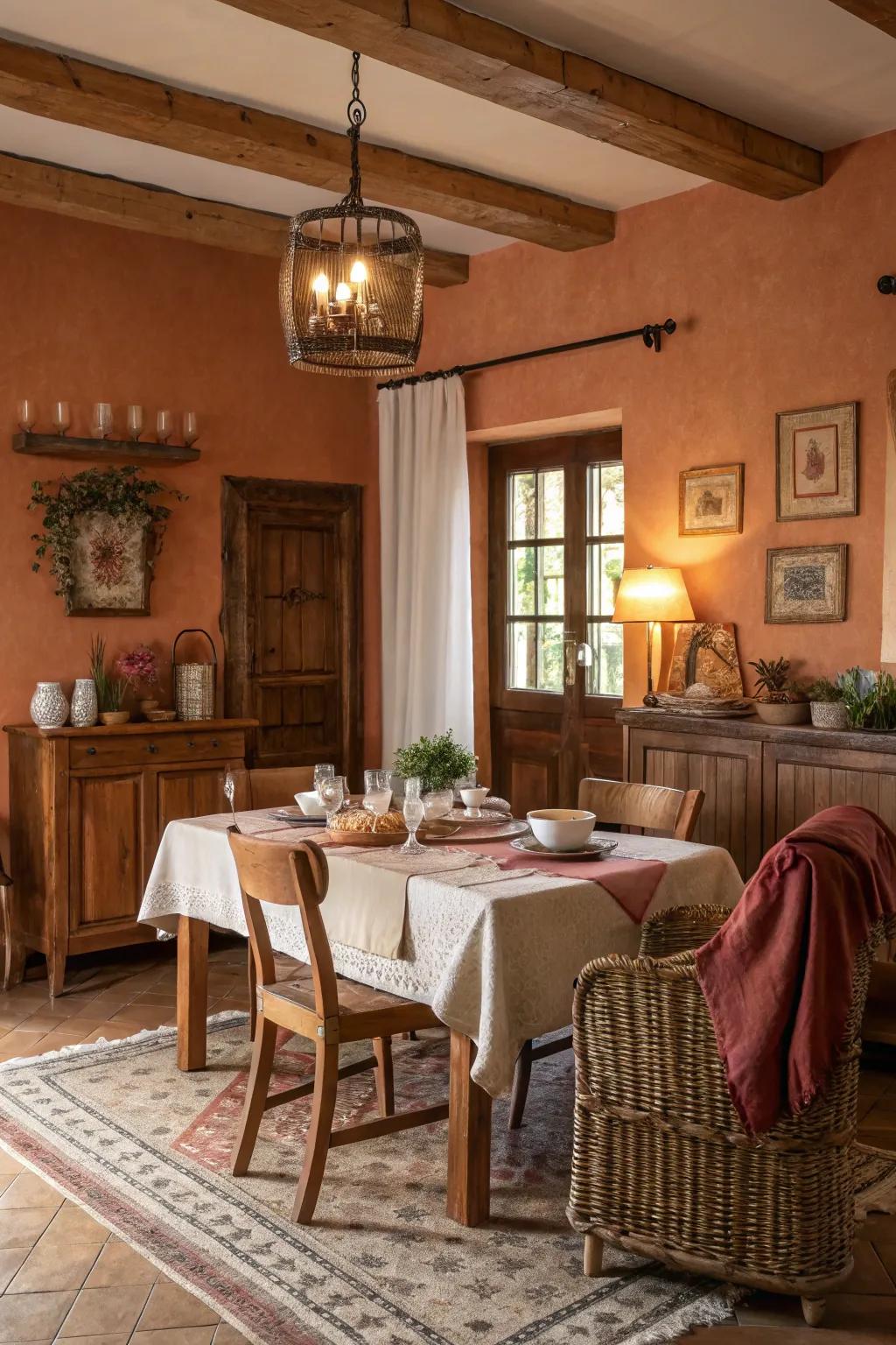 Warm earth tones create an inviting and cozy dining space.