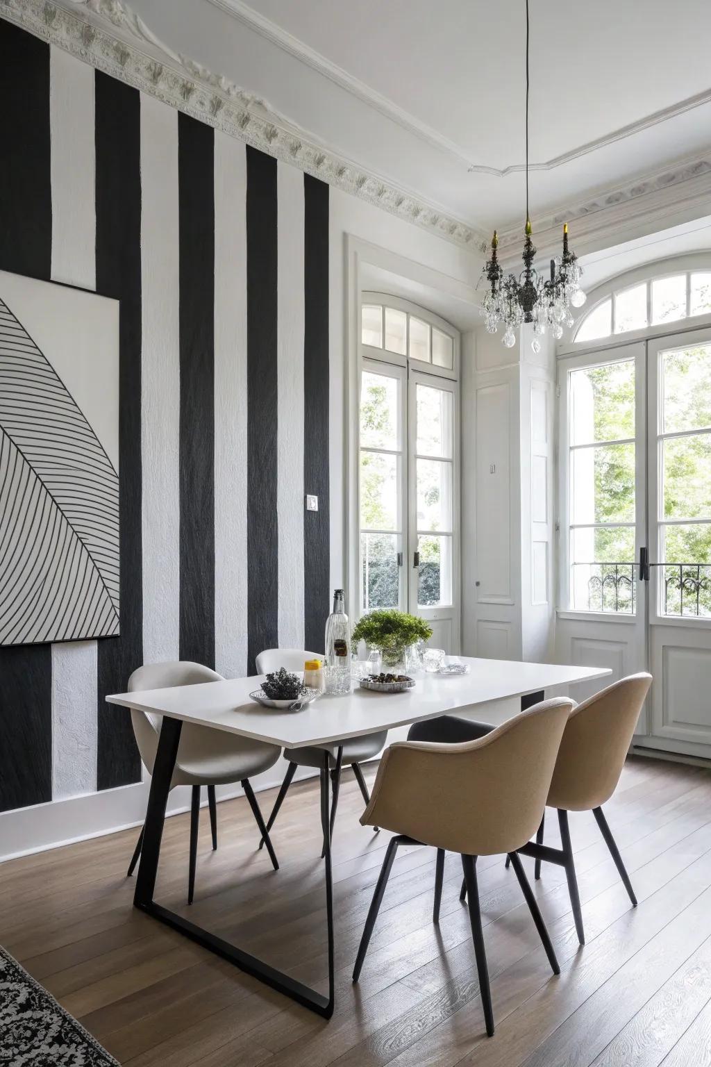 A modern dining room with a bold black and white contrast.