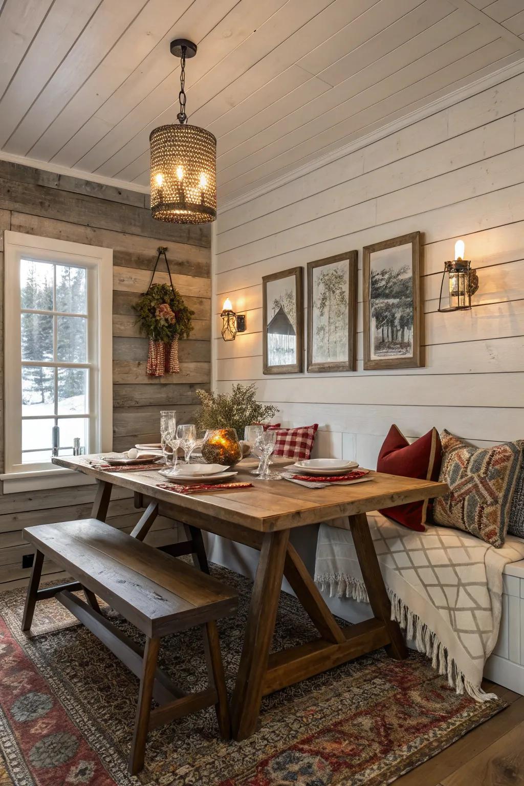 Rustic shiplap walls evoke warmth and countryside charm.