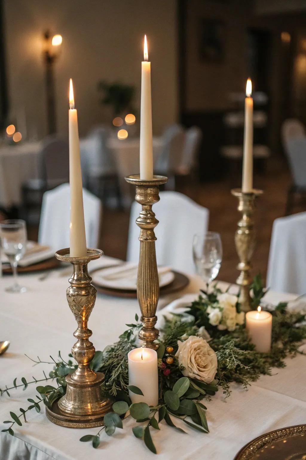 An inviting centerpiece with a mix of pillar and taper candles, perfect for creating a warm ambiance.