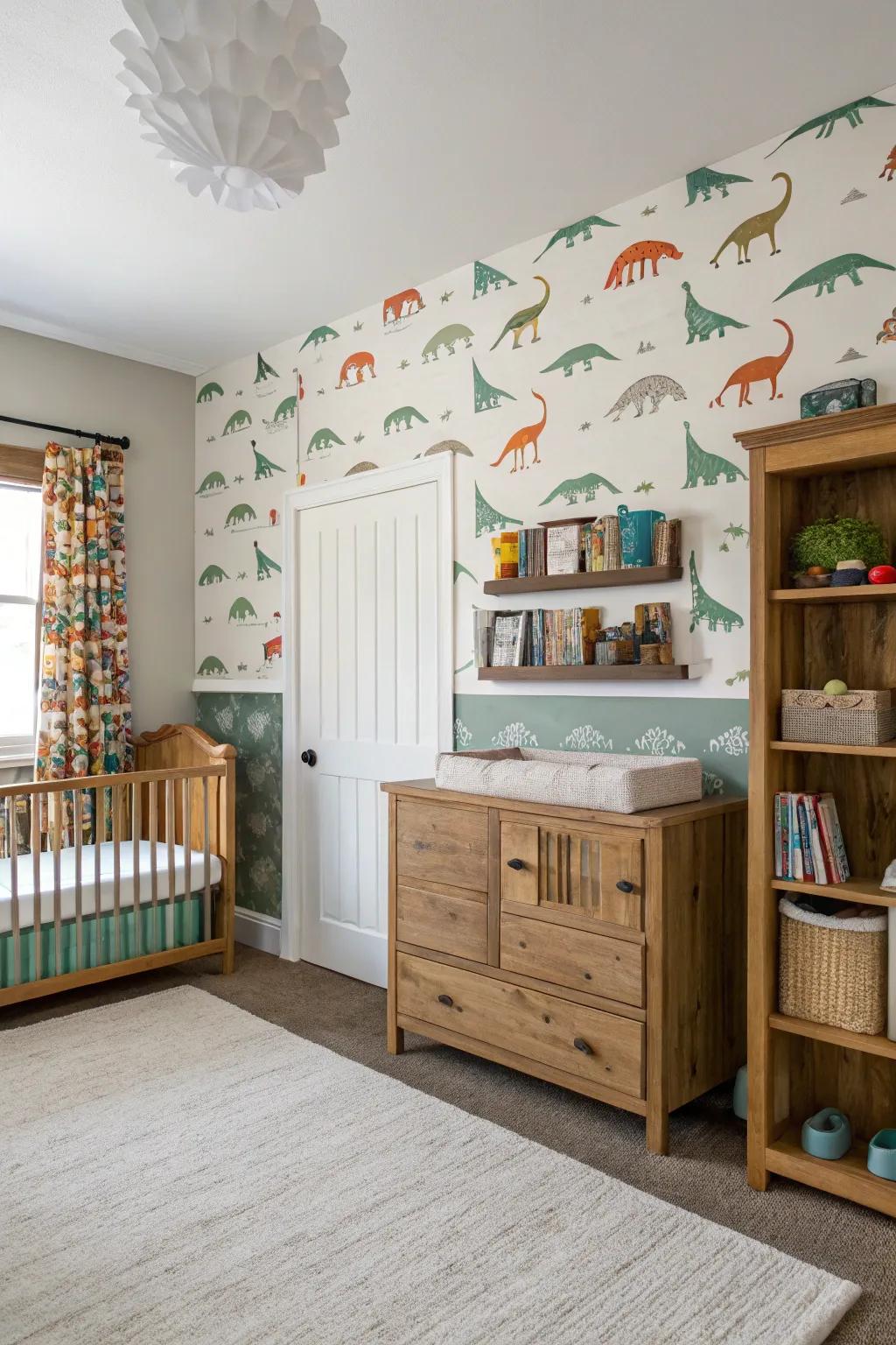 A harmonious blend of modern farmhouse and dinosaur themes.