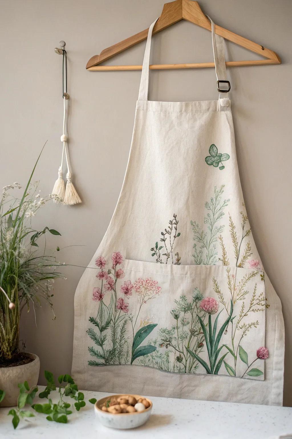 Express your creativity with a custom painted apron that brings a whimsical garden to life!