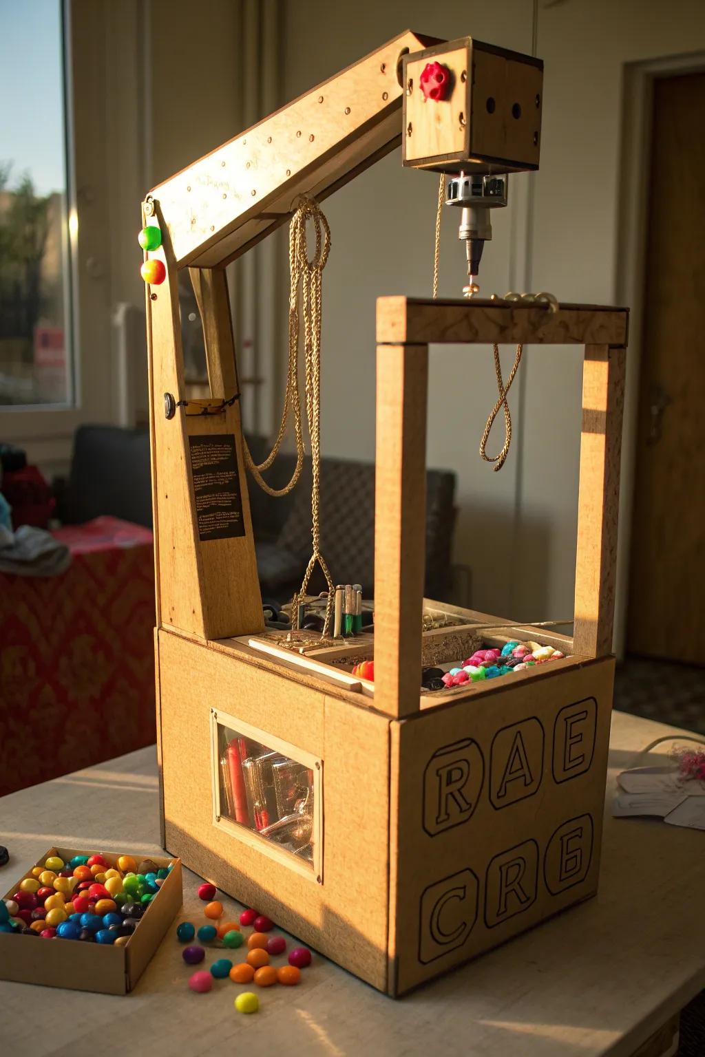 Dive into creativity with this handcrafted cardboard claw machine, a testament to the art of upcycling and DIY ingenuity.