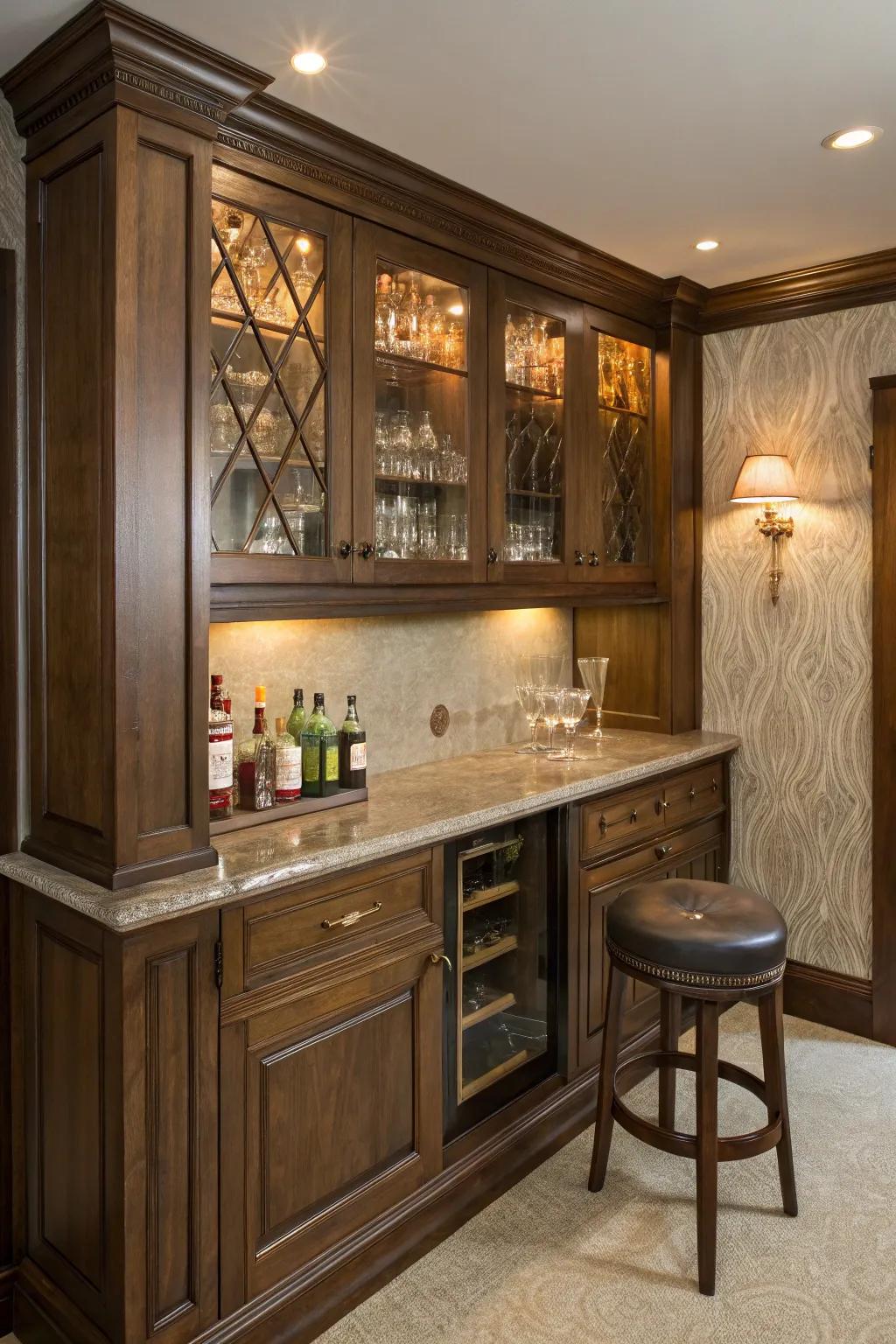 Transform your spare corner into a stylish built-in bar nook, where craftsmanship meets elegance.