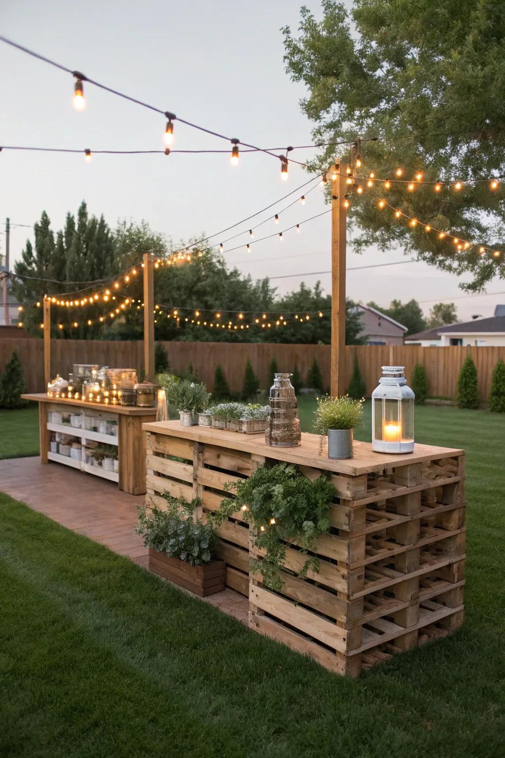 An inviting outdoor pallet bar, ideal for summer entertaining.