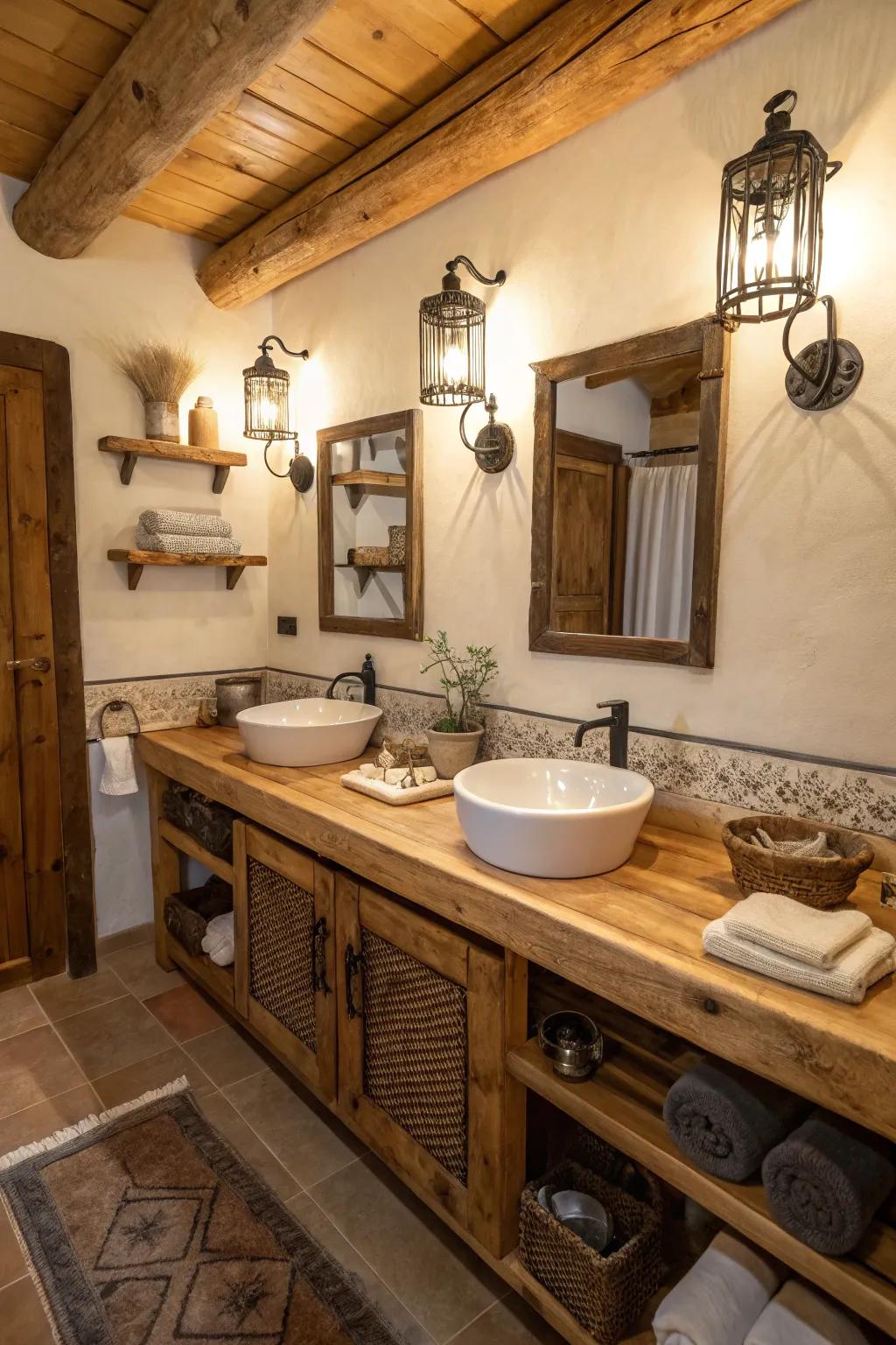 Bring warmth to your bathroom with wooden countertops.