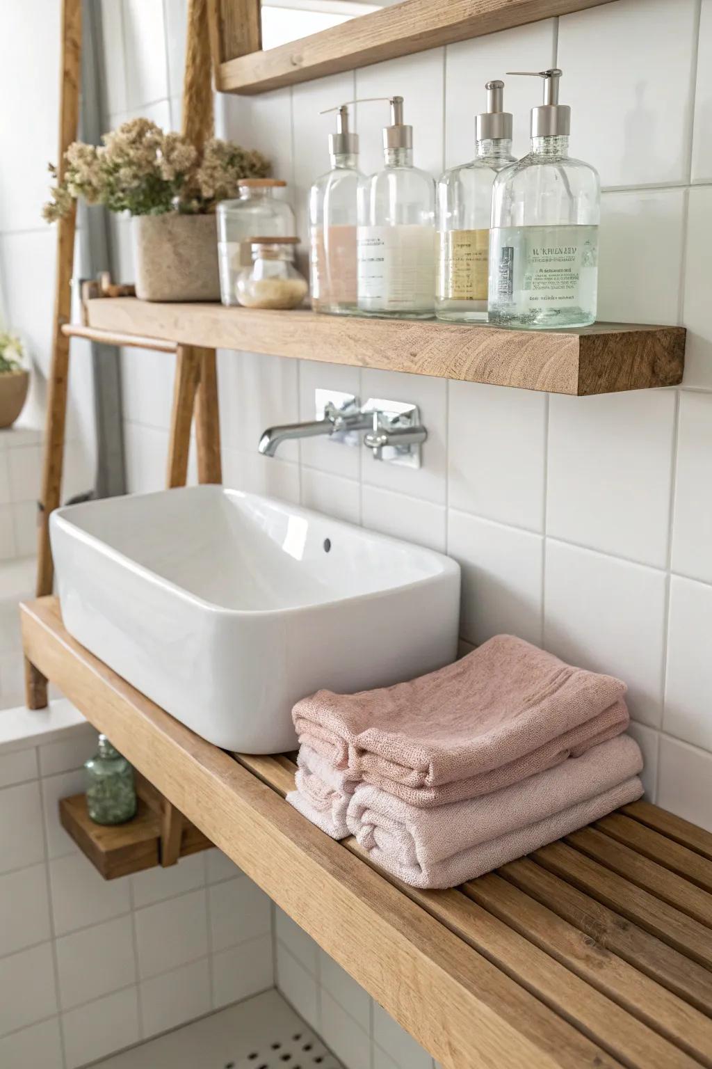 Elevate your bathroom serenity with chic floating shelves that blend minimalist design with boho flair.