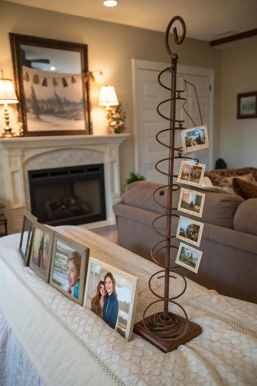 A creative photo display using a vintage bed spring for a nostalgic touch.