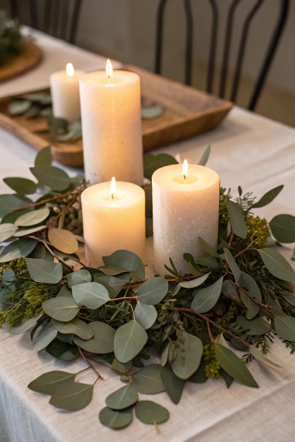 Elegant candle and greenery centerpiece