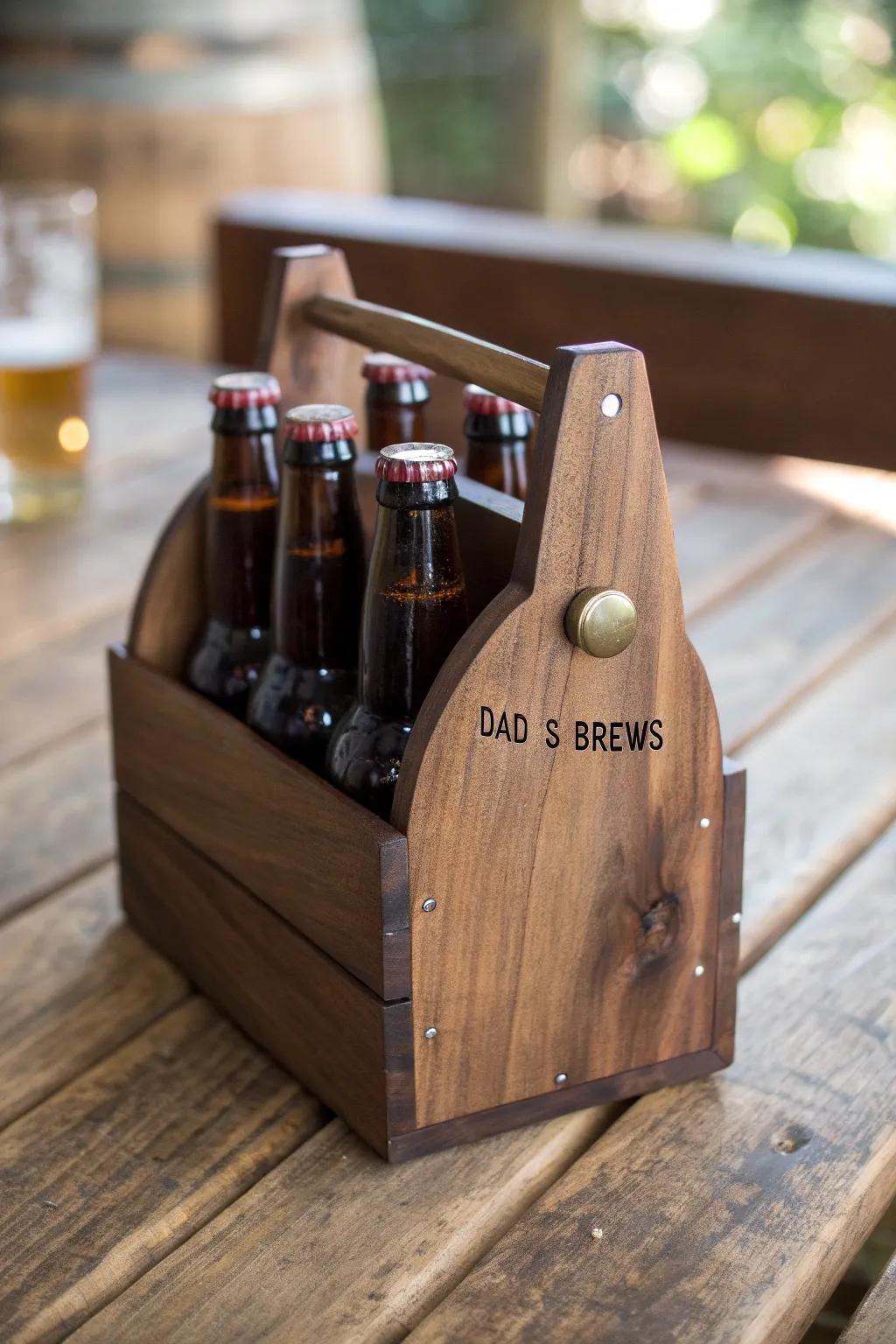 Elevate Dad's brew game with this handcrafted wooden beer holder, a perfect blend of style and functionality.