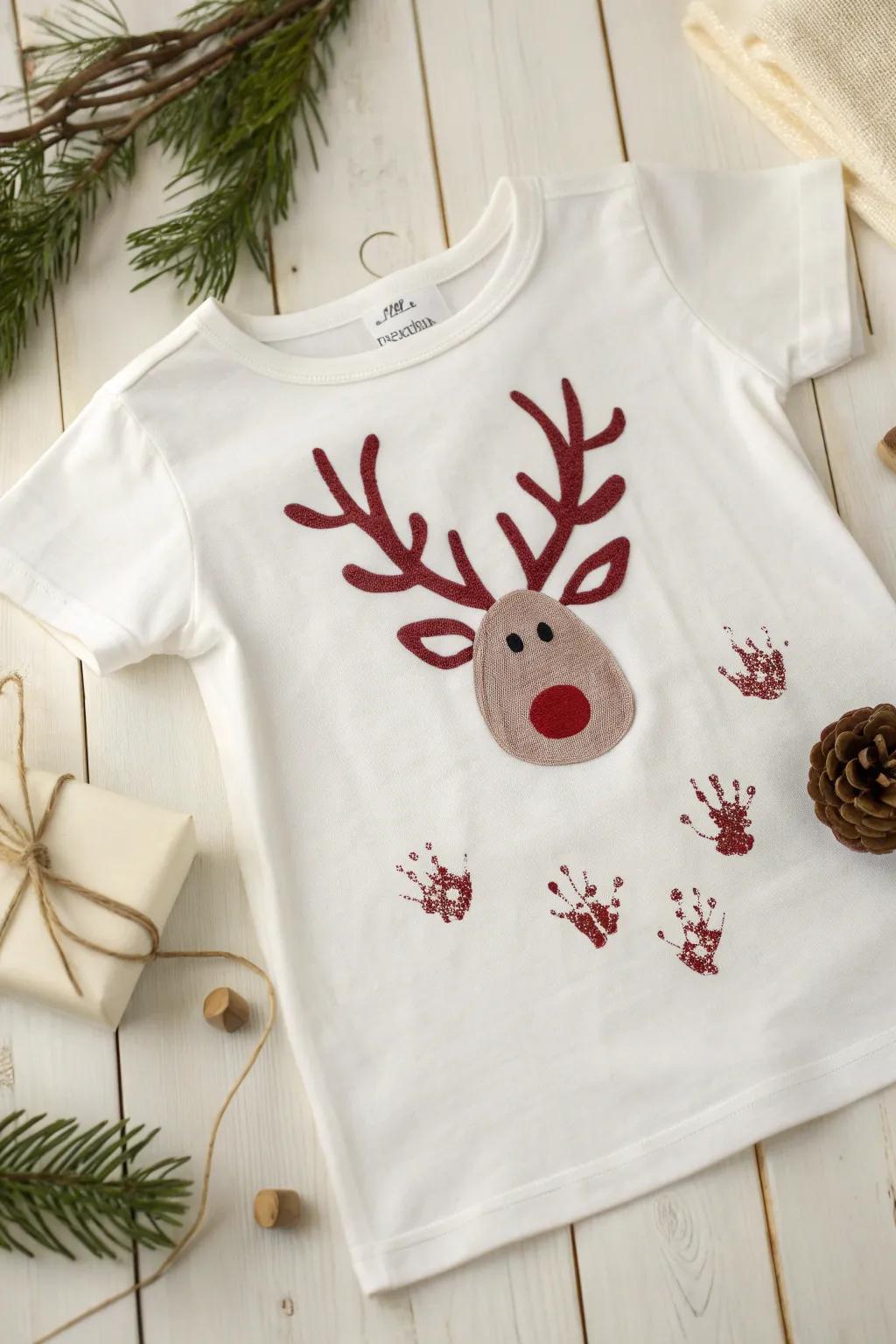 Create a cherished holiday memory with a Reindeer Handprint Shirt. Perfect for little helpers!