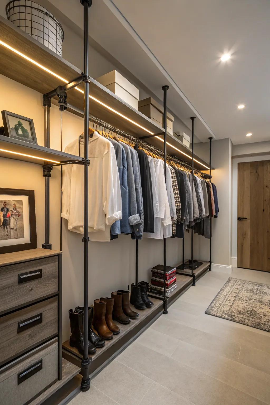 Industrial pipe racks bring a modern, rustic feel to closet design.