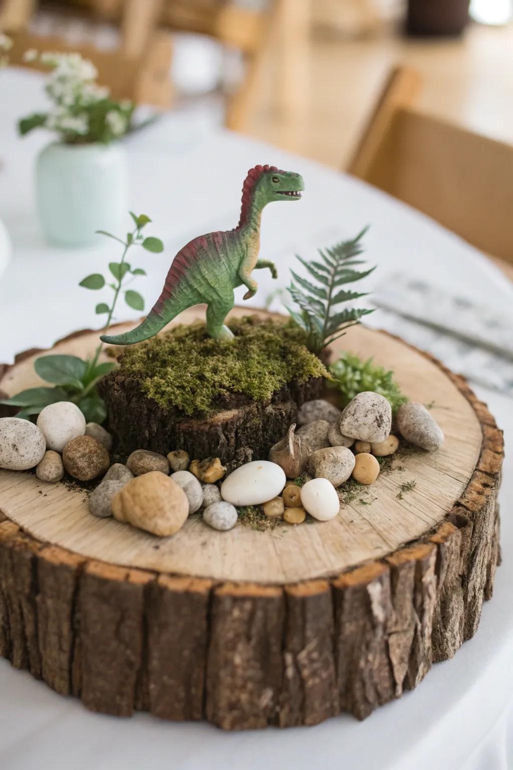 Rustic elegance meets prehistoric charm in this wood slice dinosaur display.