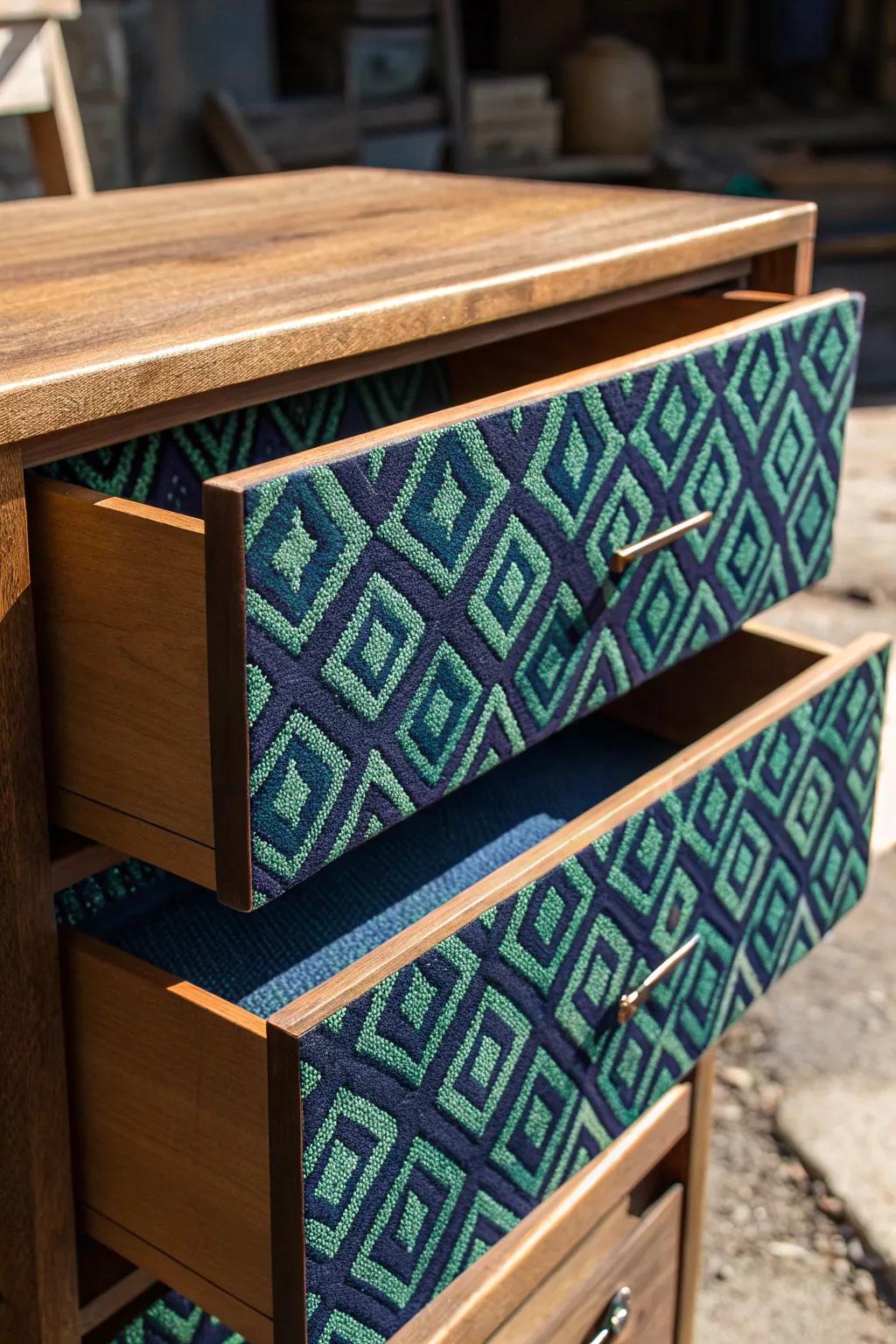 Transform your dresser with bold fabric drawer fronts for a touch of craftsmanship elegance.
