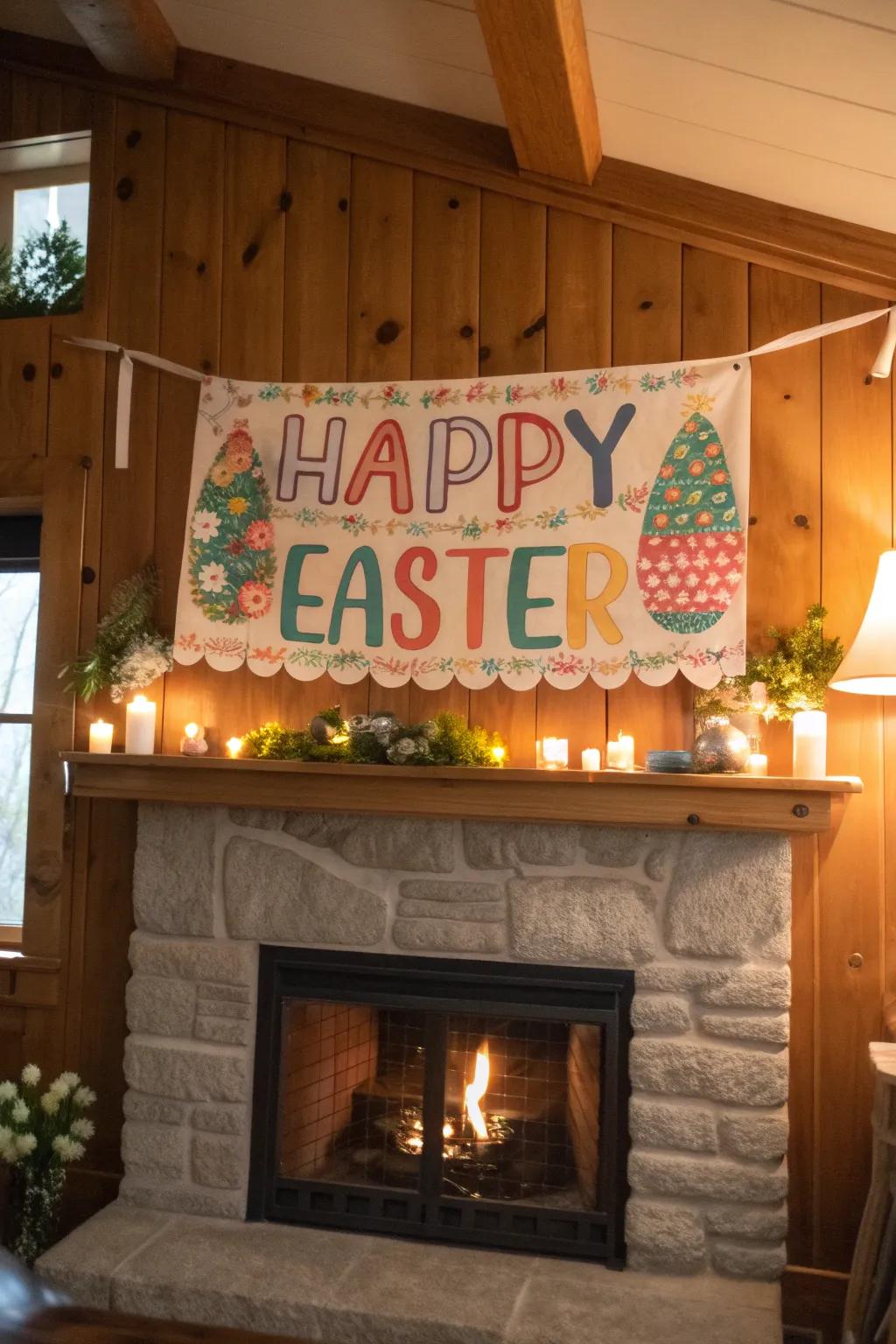 A 'Happy Easter' banner brightens up any space with festive cheer.