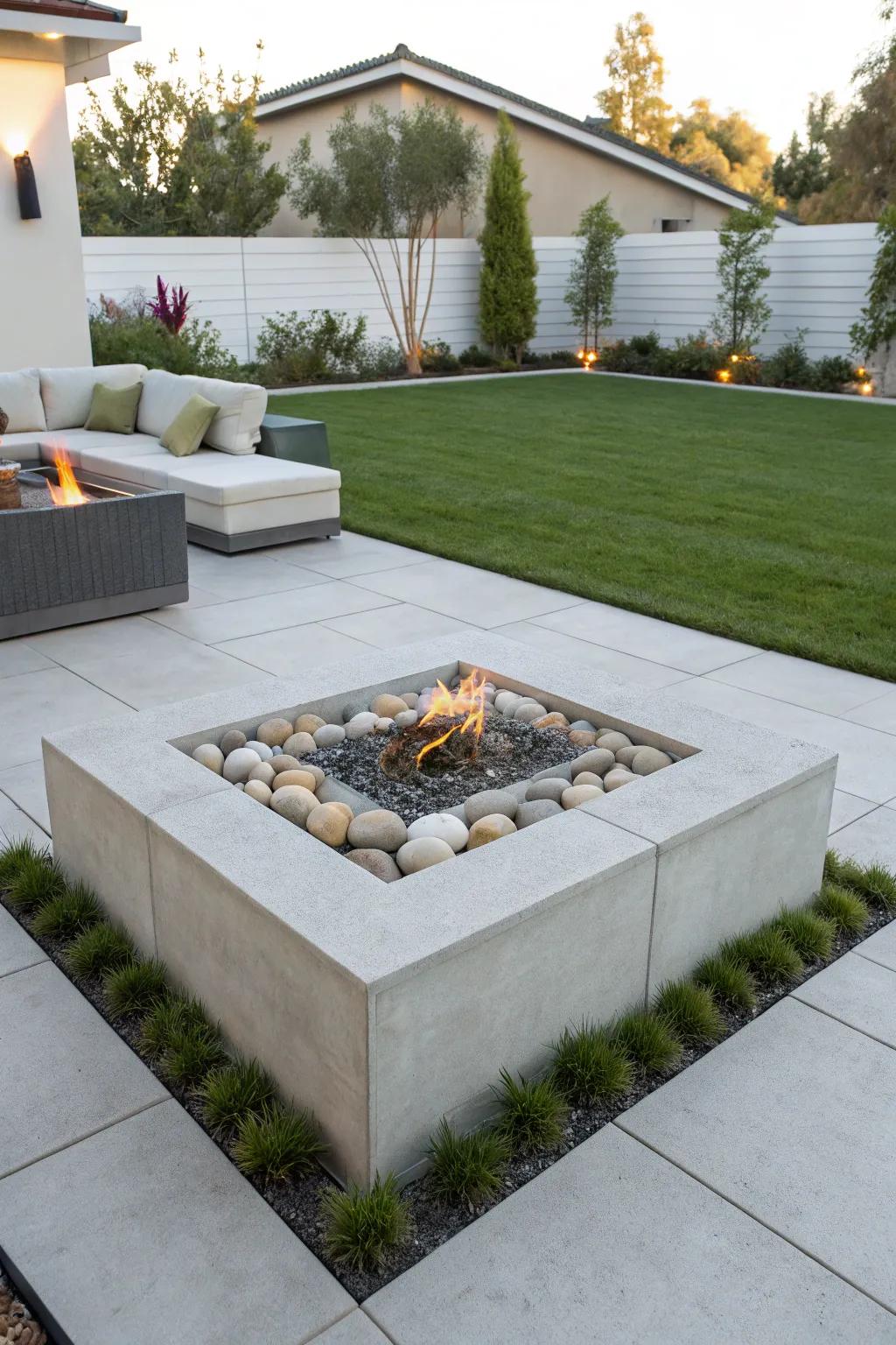 Sleek and modern, a concrete block fire pit adds contemporary flair.