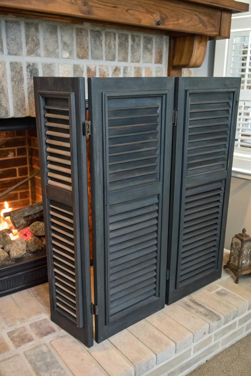 Transform old shutters into a stylish fireplace screen and elevate your living space with DIY charm.