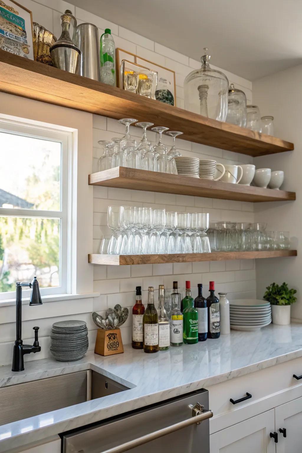 Floating shelves transform a kitchen corner into a chic mini bar with organized drinkware and essentials.