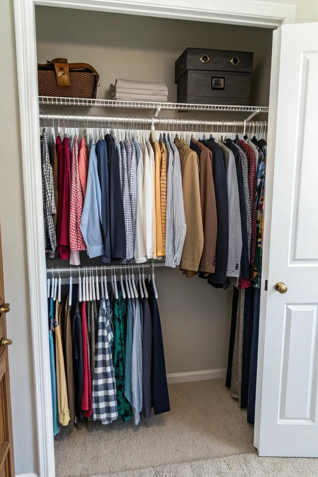 A double rod system in a small closet maximizes hanging space efficiently.