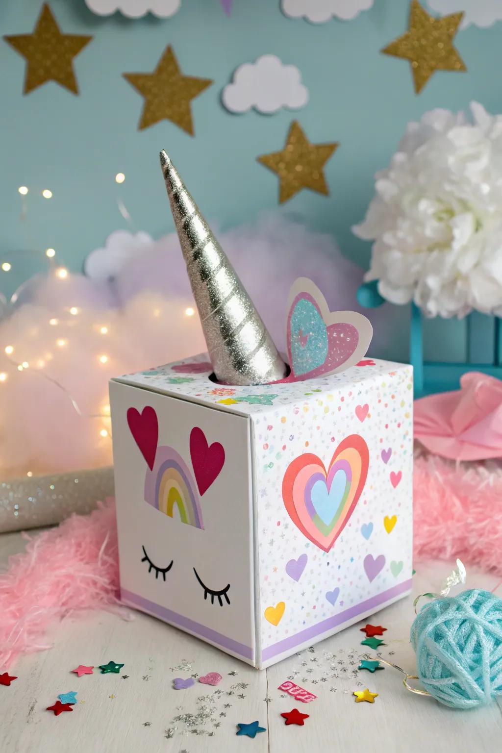 A whimsical unicorn box with a DIY horn made from a toilet paper roll.