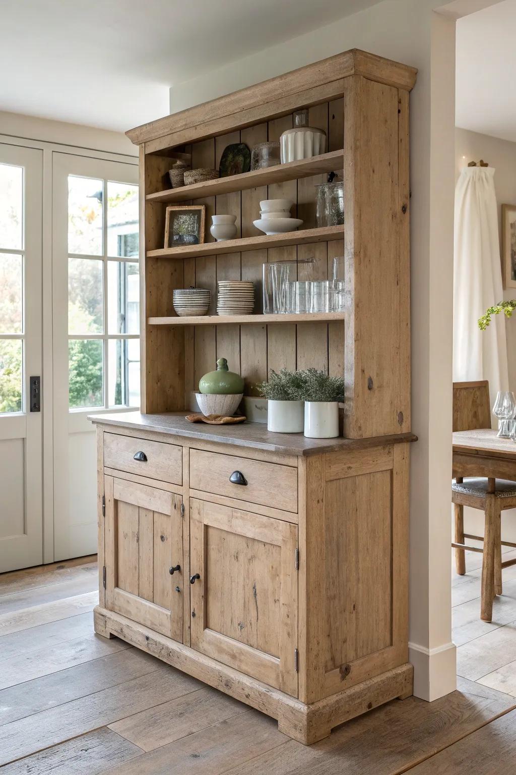 Embrace the charm of rustic elegance with a reclaimed wood kitchen hutch, perfect for adding warmth and character to any minimalist space.