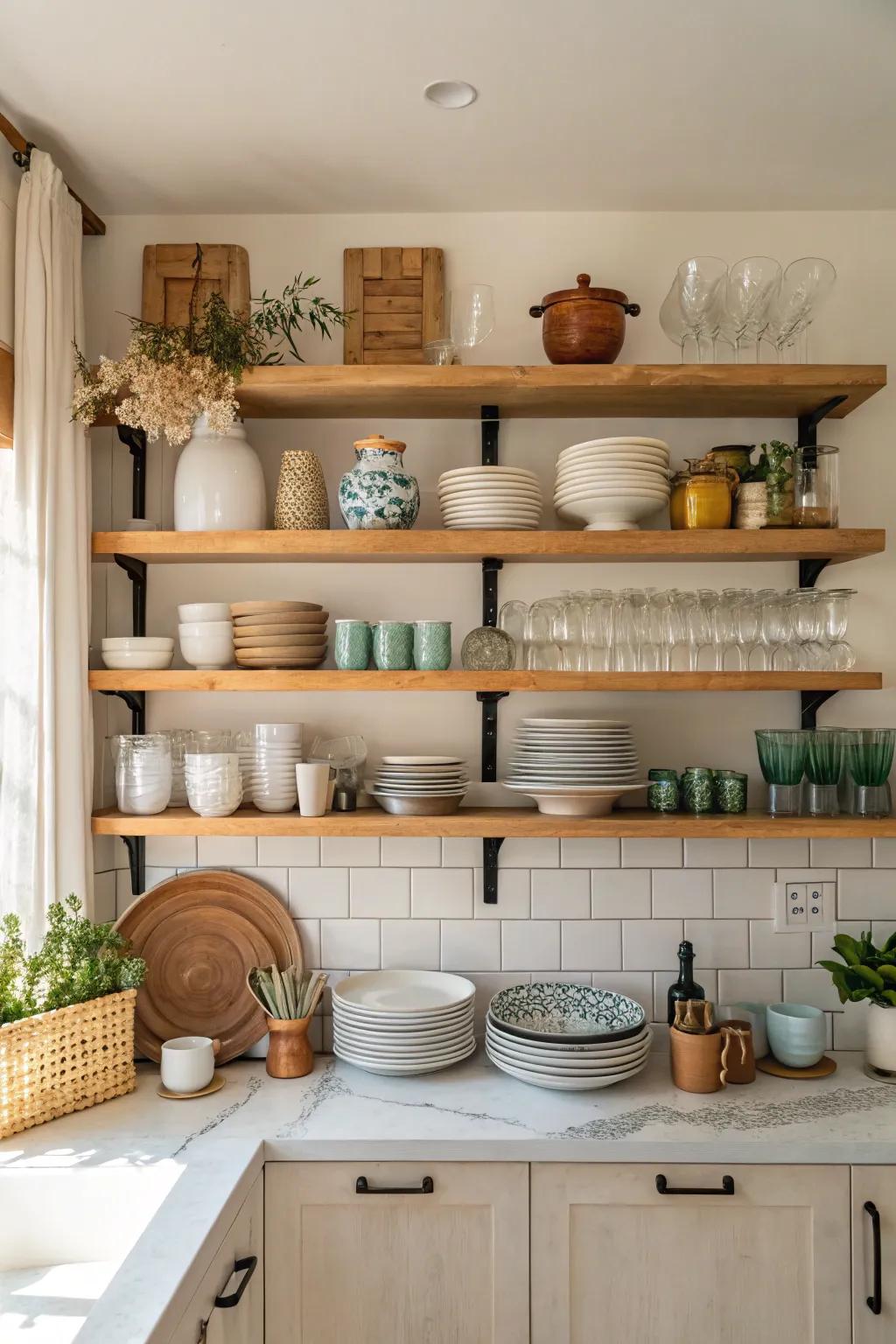 Open shelving offers a practical and stylish way to showcase your kitchenware.