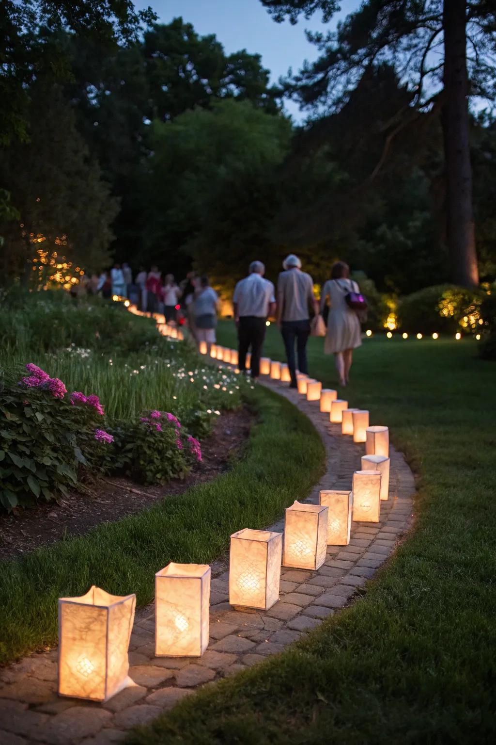 Paper bag lanterns create an enchanting pathway for evening events.