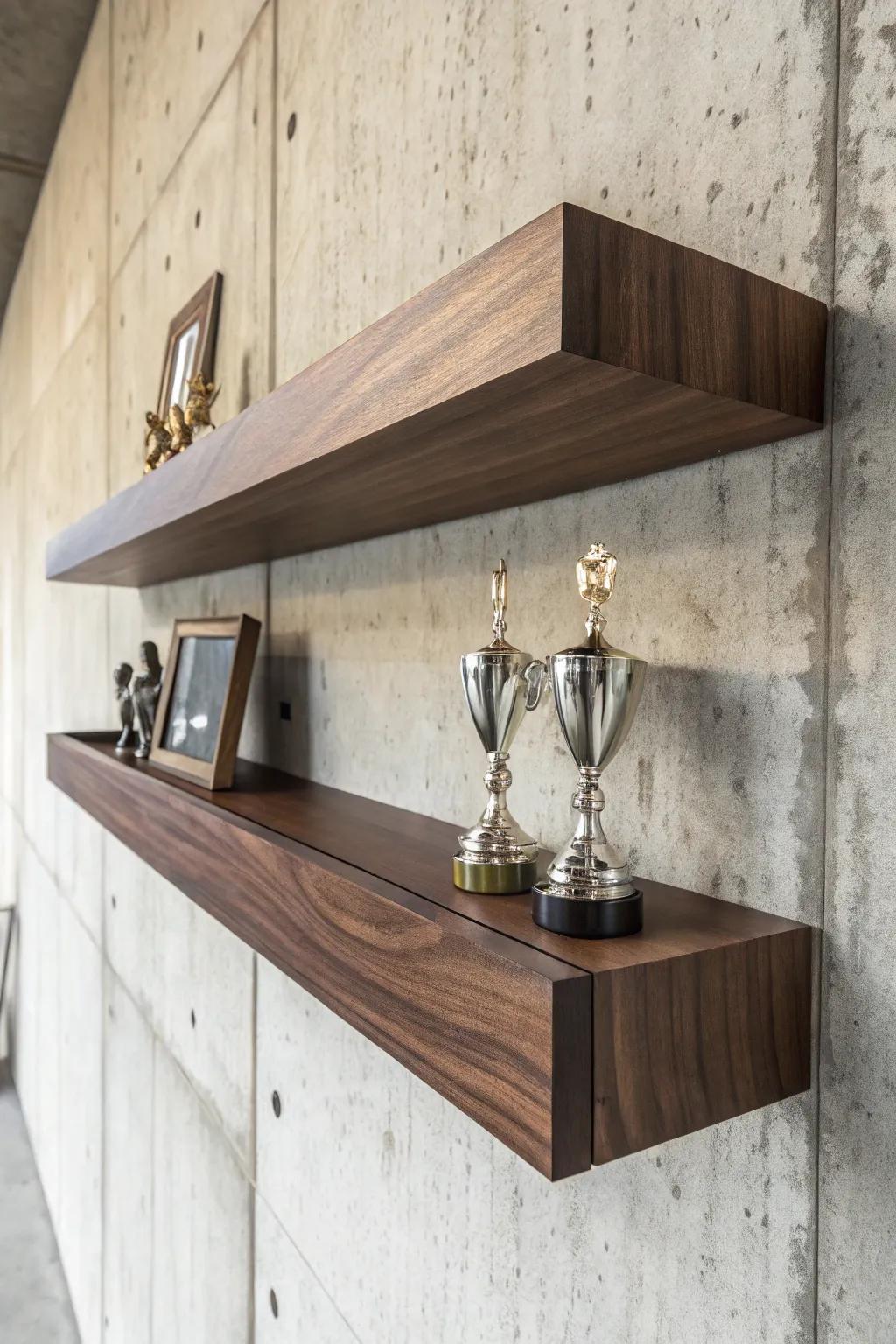 Elevate your achievements with a stylish floating shelf display that marries form and function.