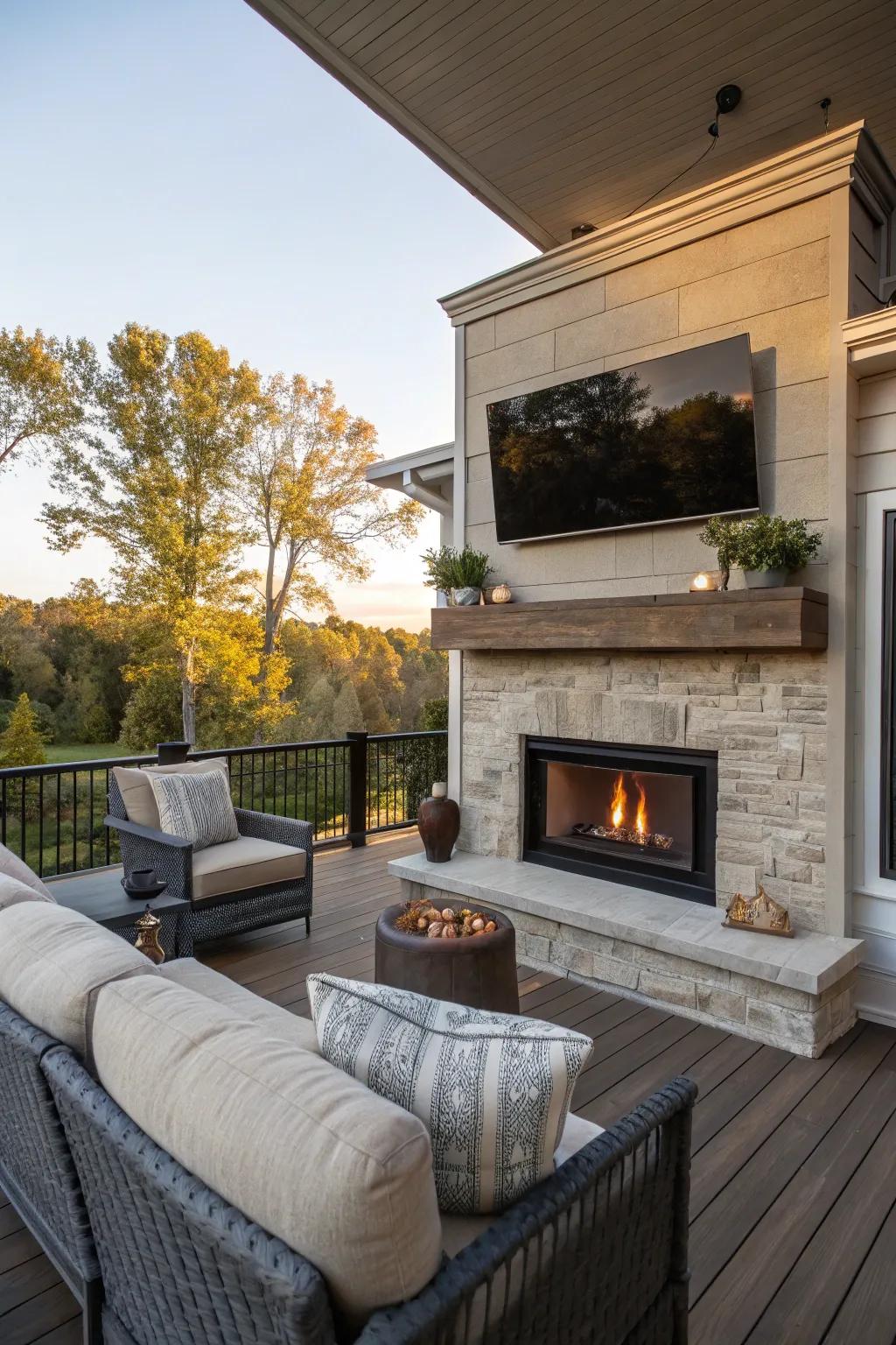 An outdoor fireplace TV setup is perfect for cozy evenings with friends and family.