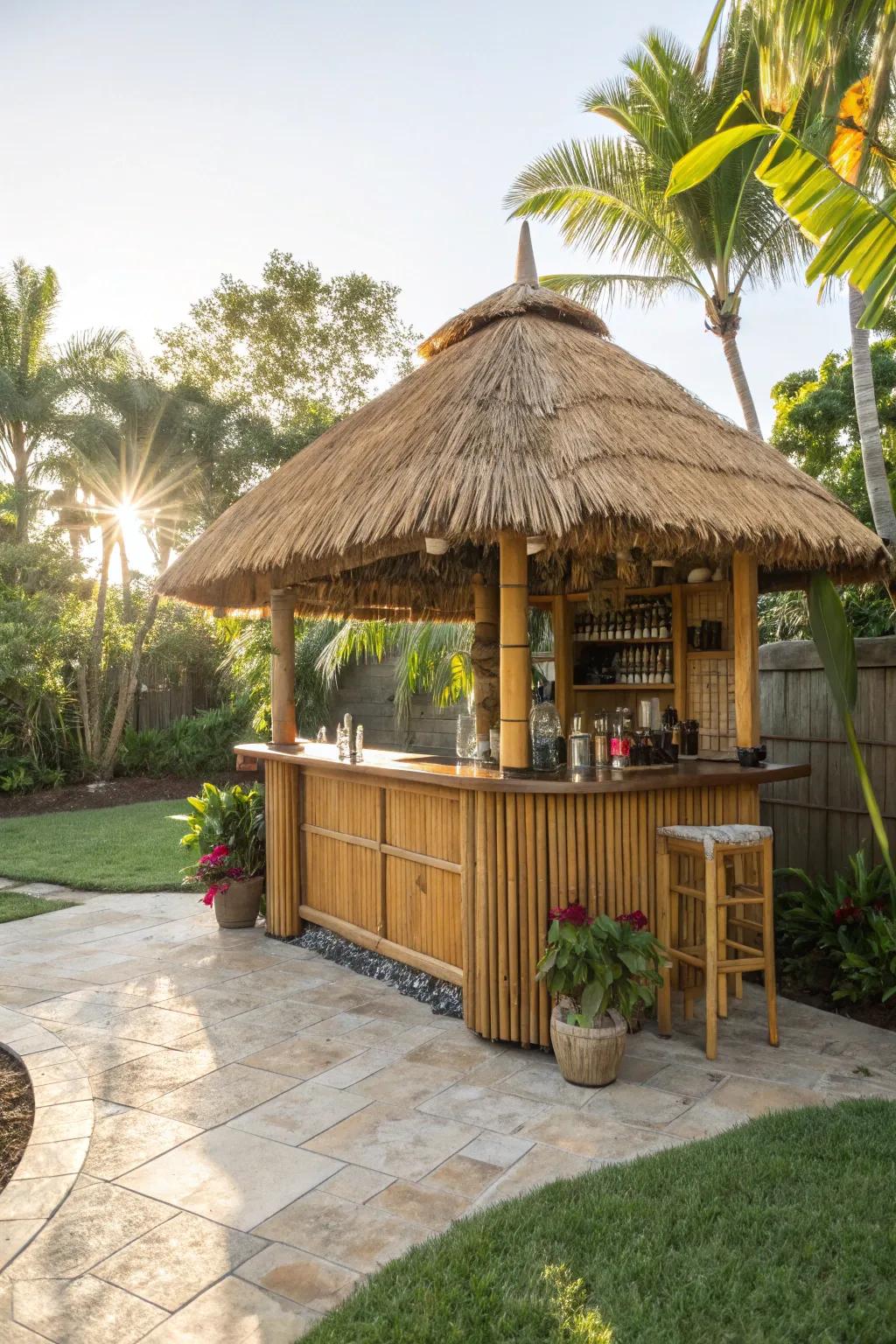 A Tiki-style pallet bar that brings a tropical vibe to your backyard.