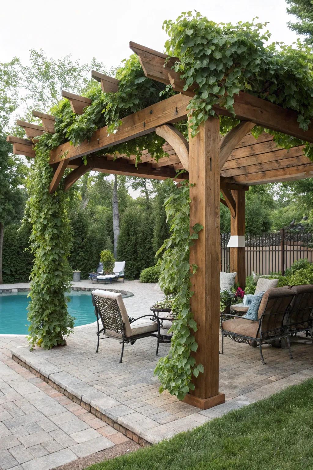 A pergola cabana offers an airy and elegant poolside escape.