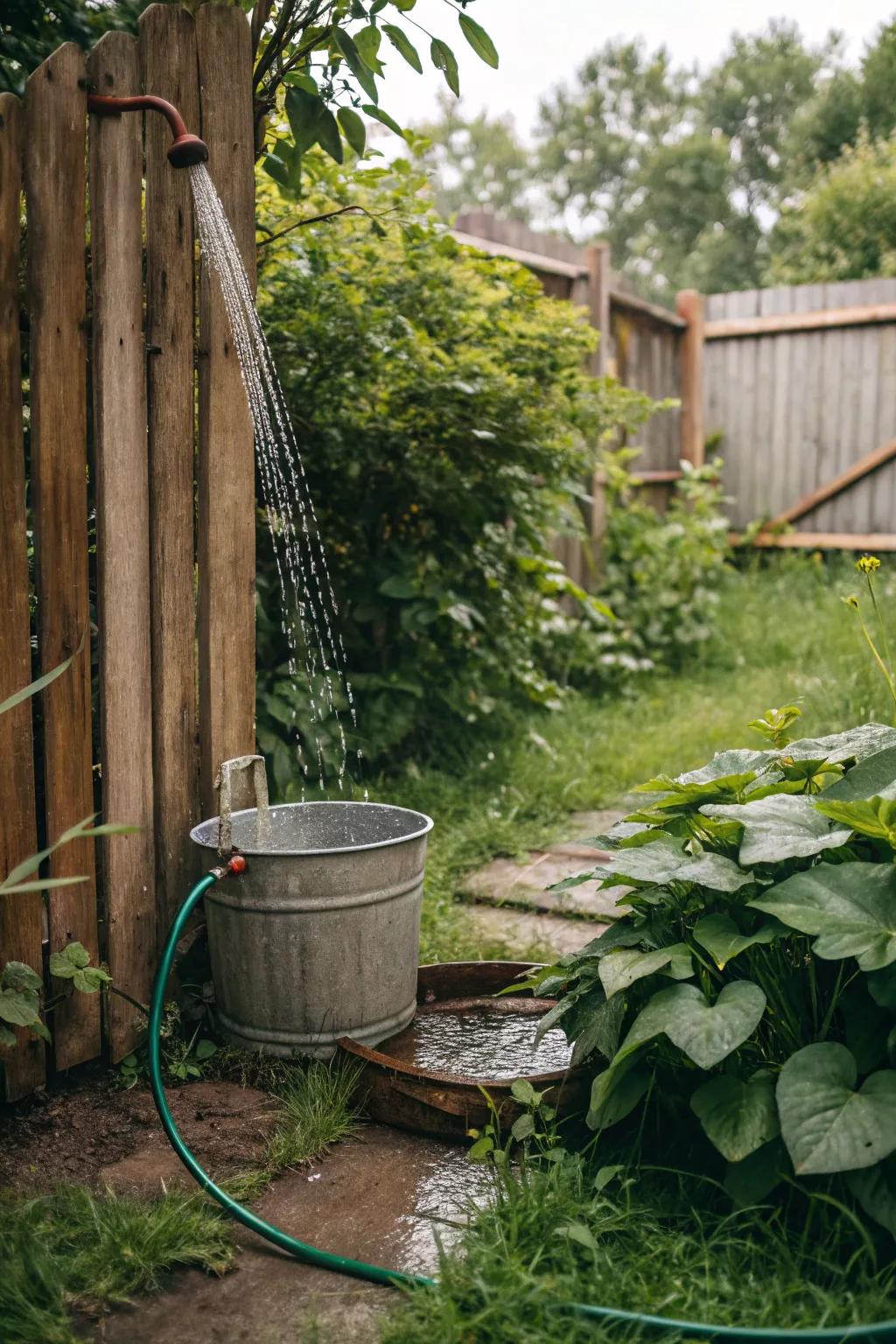 A no-frills bucket and hose setup for quick outdoor showers.