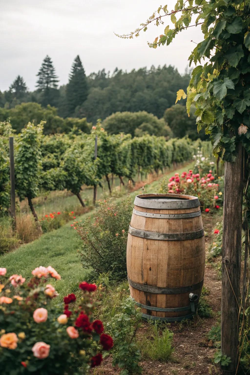 A wooden wine barrel elegantly collects rainwater amidst vibrant greenery.