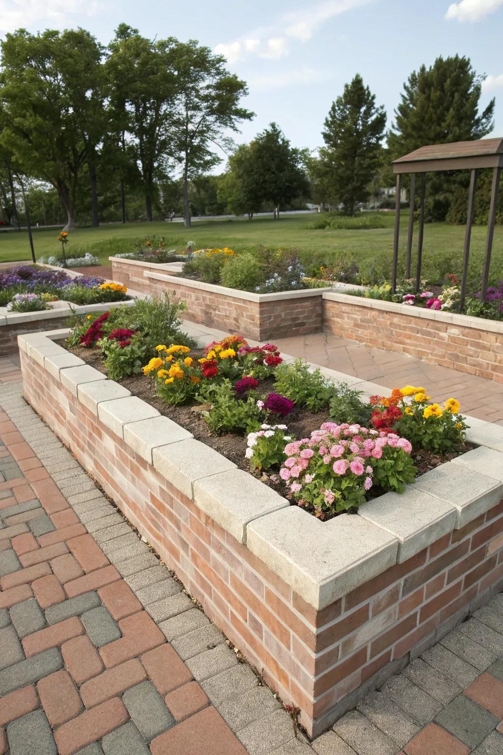 A structured garden bed using pavers and bricks.