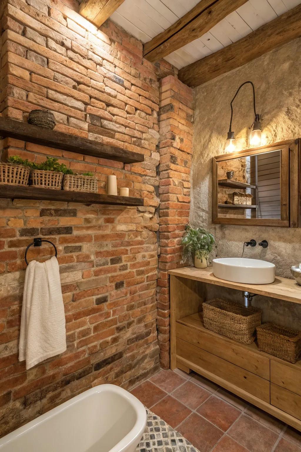 Bring timeless charm to your bathroom with a stunning exposed brick wall. Perfect for adding warmth and rustic elegance to any space.