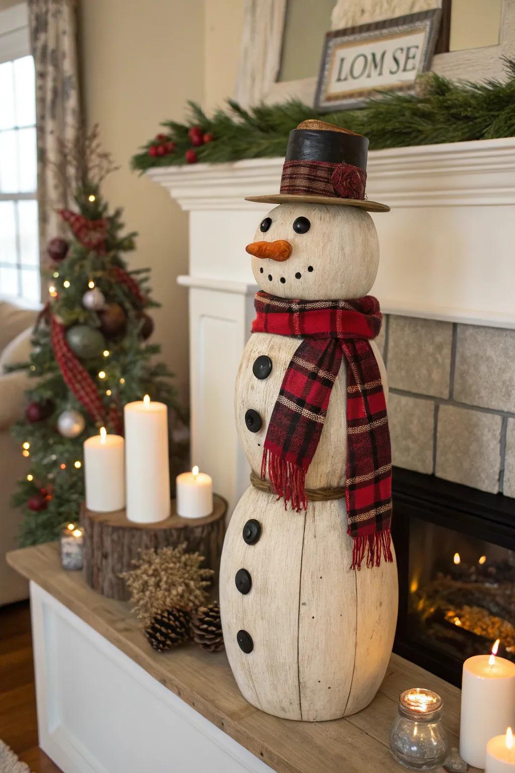 This wooden spindle snowman is both rustic and charming.