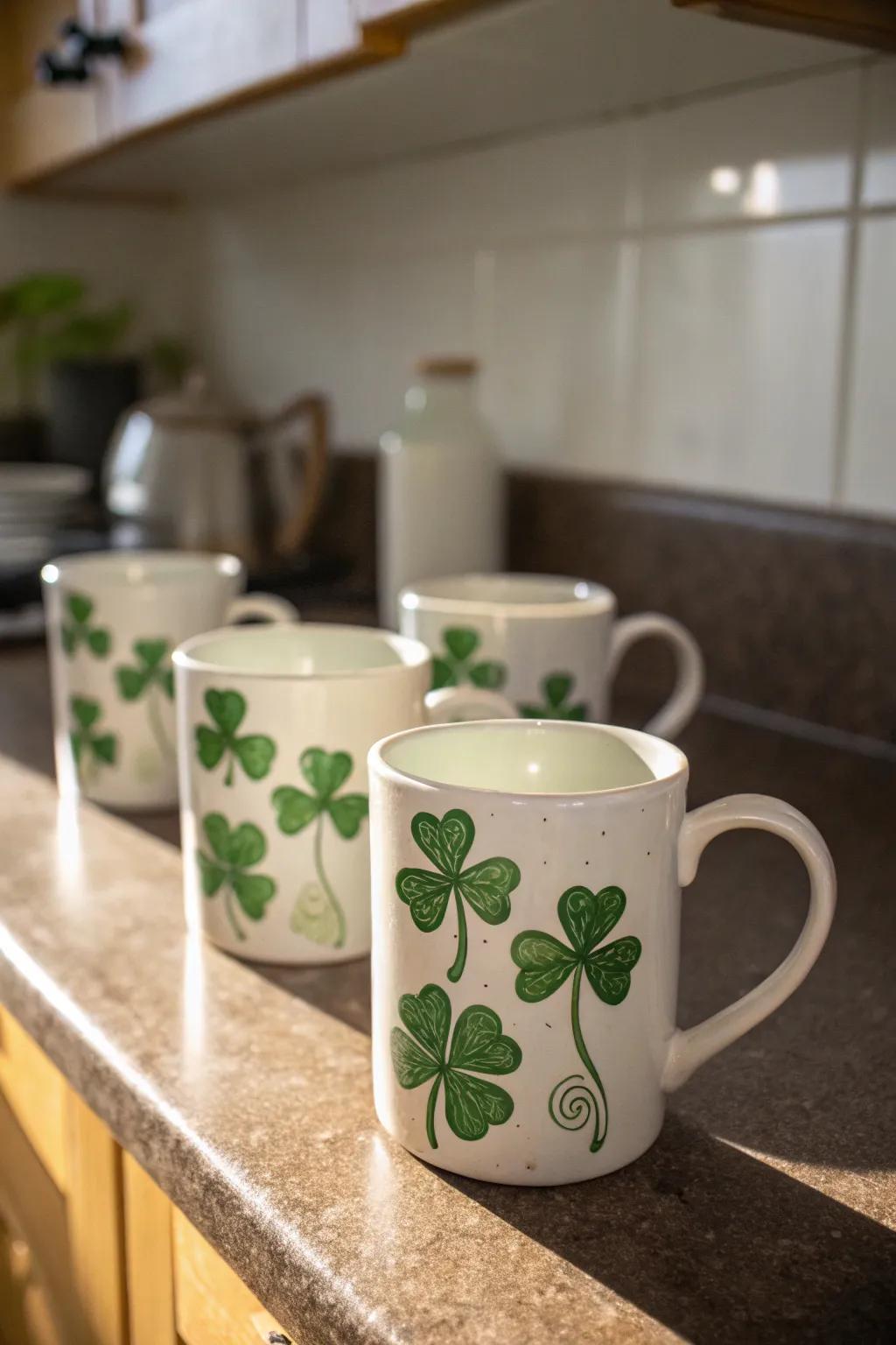 Sip your coffee in style with these DIY clover coffee mugs.