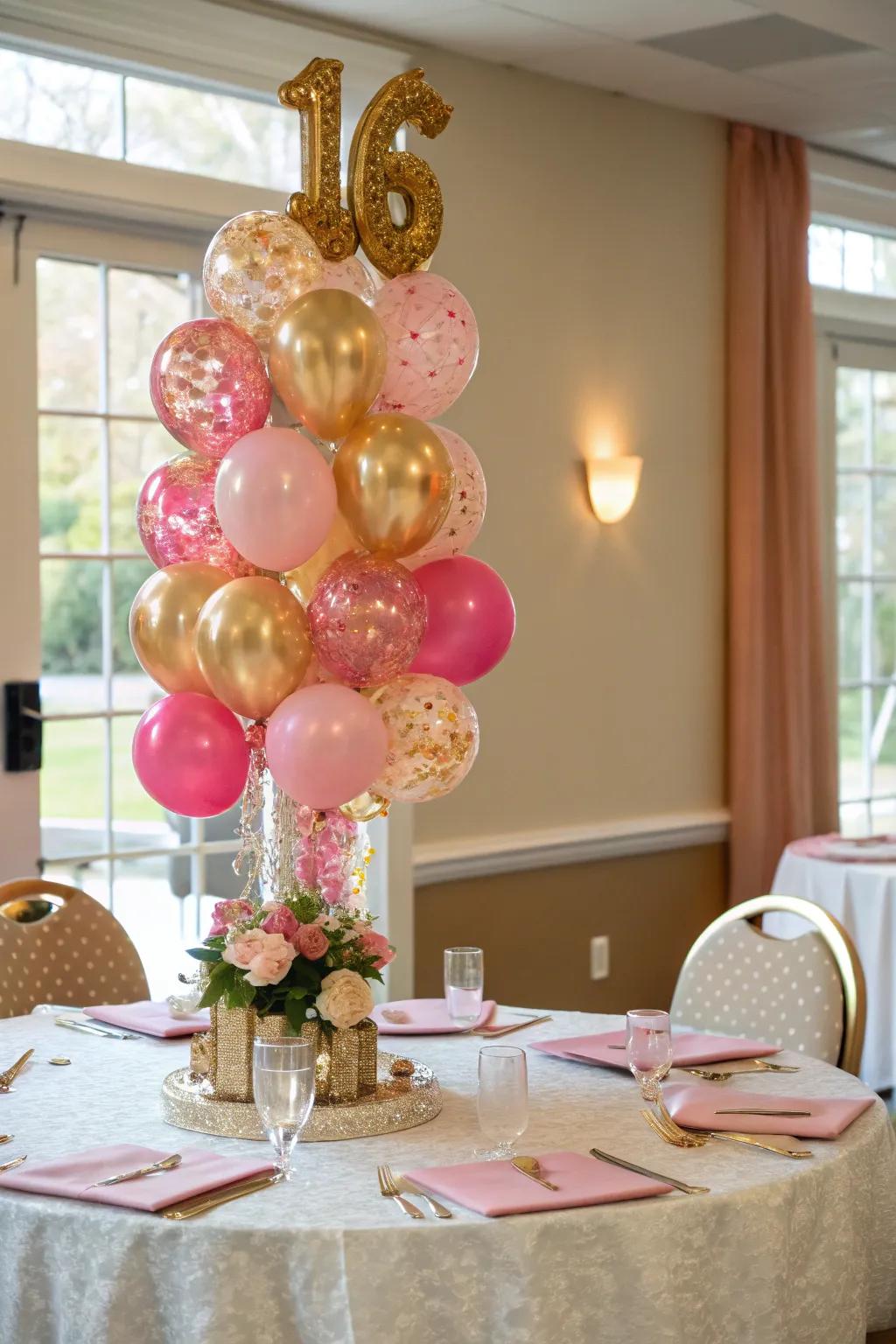 A playful balloon bouquet adds height and fun to the centerpiece.