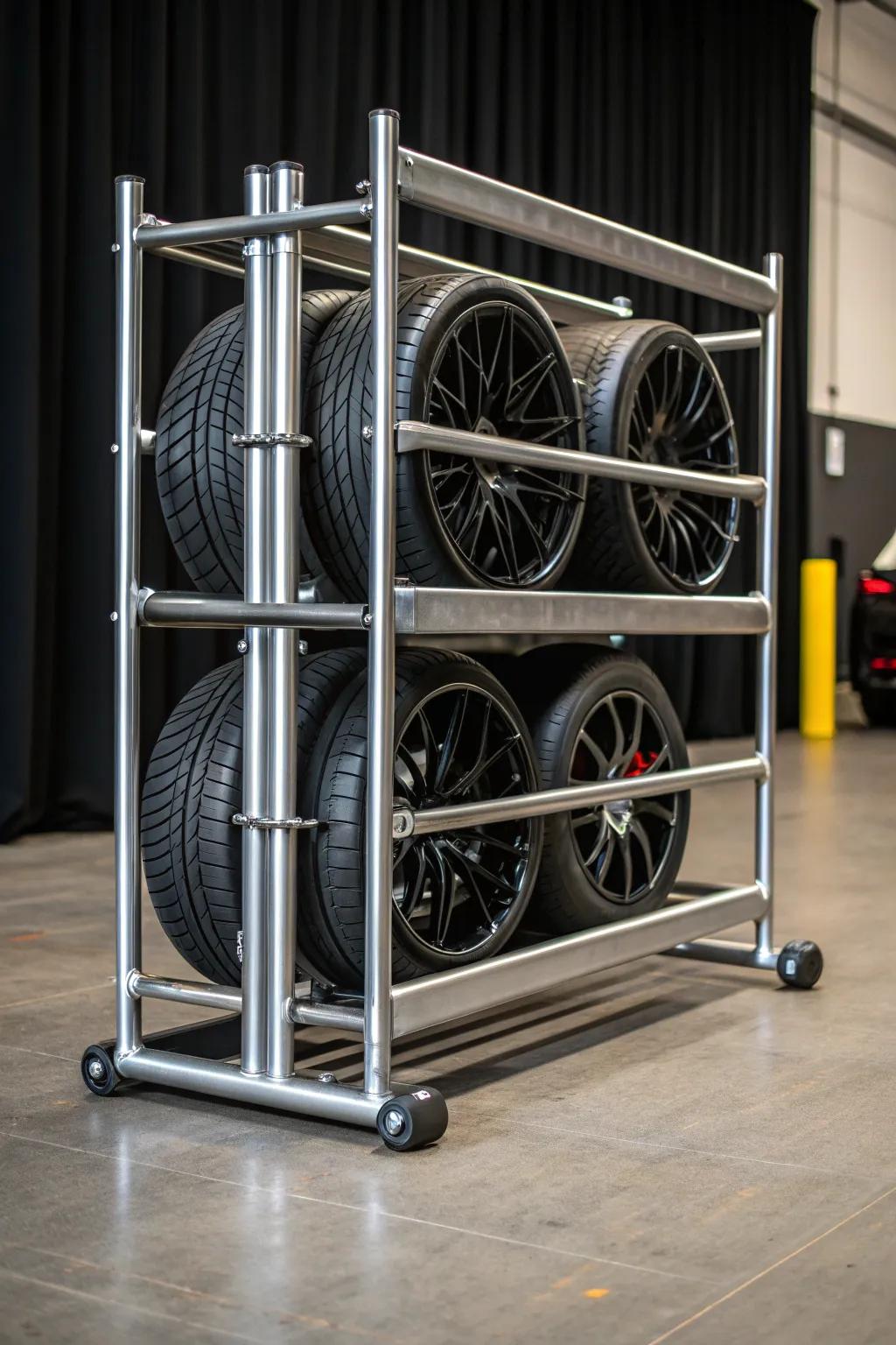 Elevate your garage with this industrial-chic metal pipe tire rack—where strength meets style.