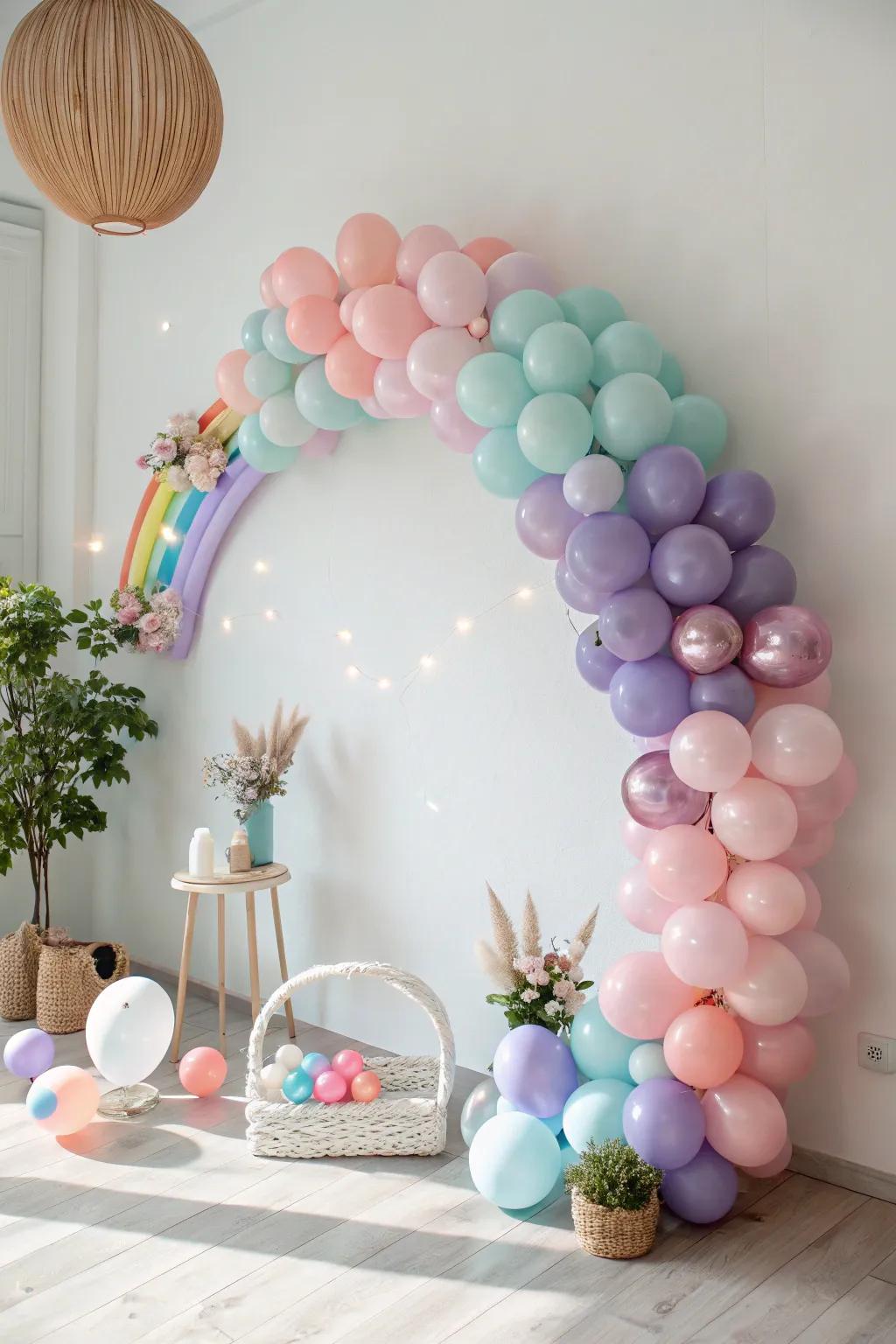 Create magical memories with a rainbow balloon garland that whispers unicorn dreams.