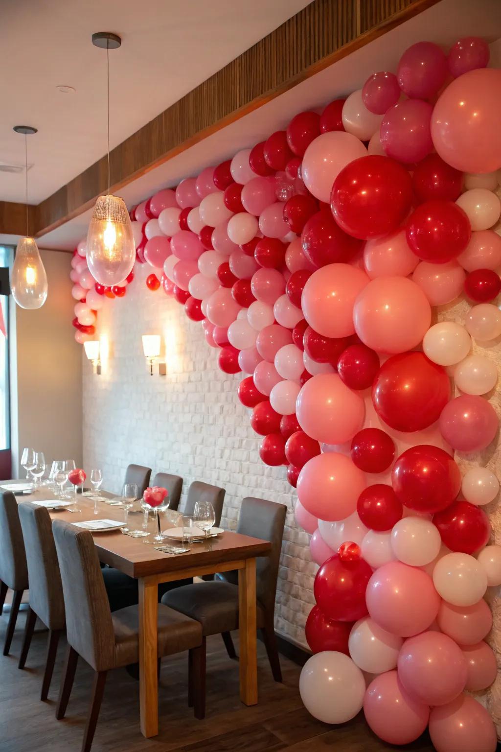 A balloon wall backdrop sets the stage for unforgettable Valentine photos.