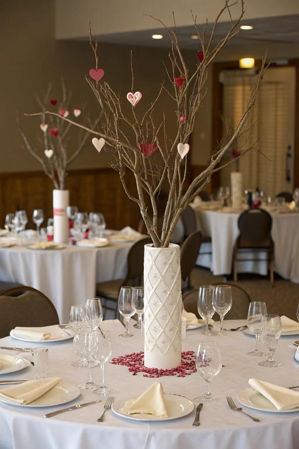 Heart branch centerpieces blend natural elements with Valentine's charm.