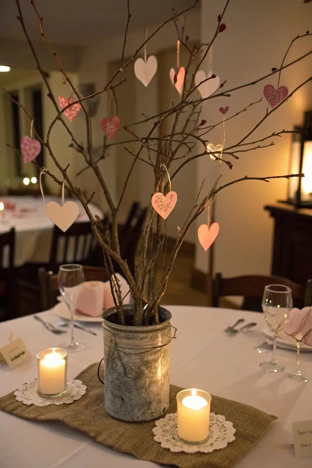 Bring a bit of nature indoors with heart branch centerpieces.