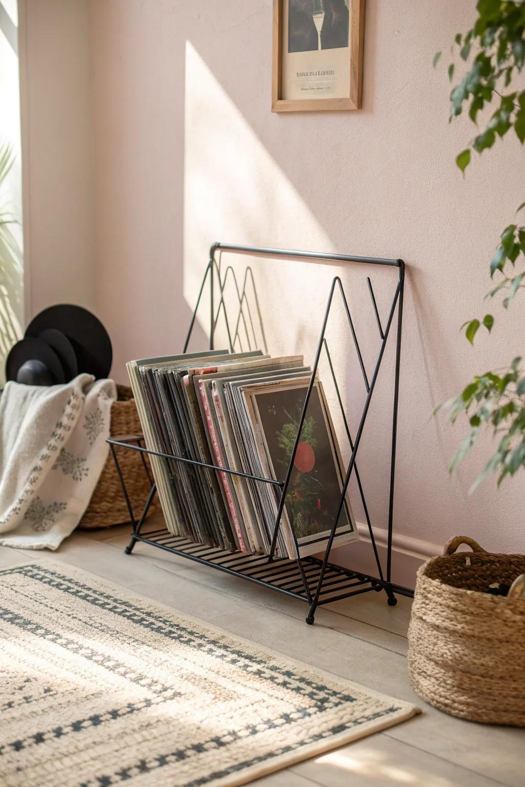 Effortless organization meets elegant design—discover the art of vinyl storage with minimalist wire racks.