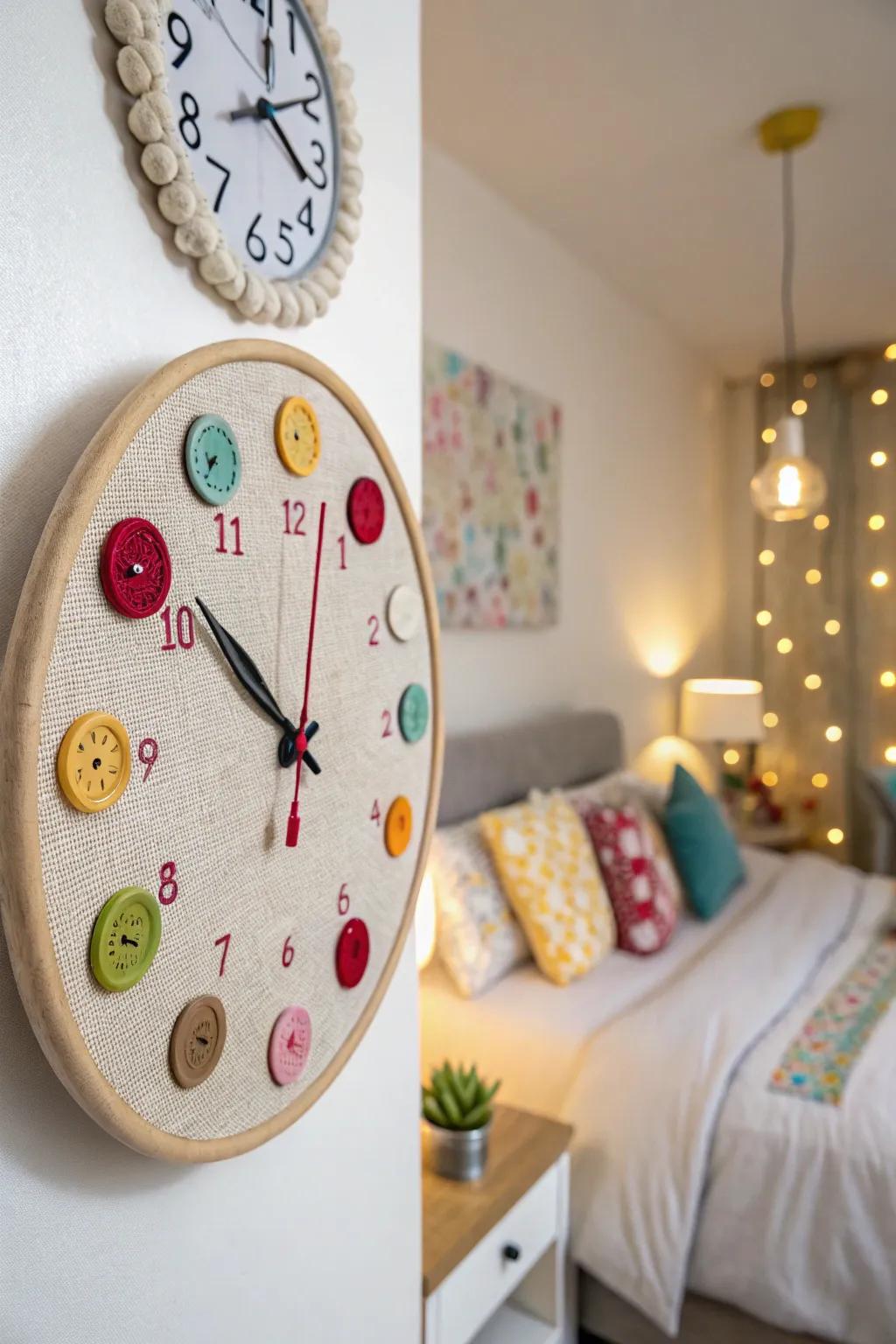 Add softness with a fabric and button clock.