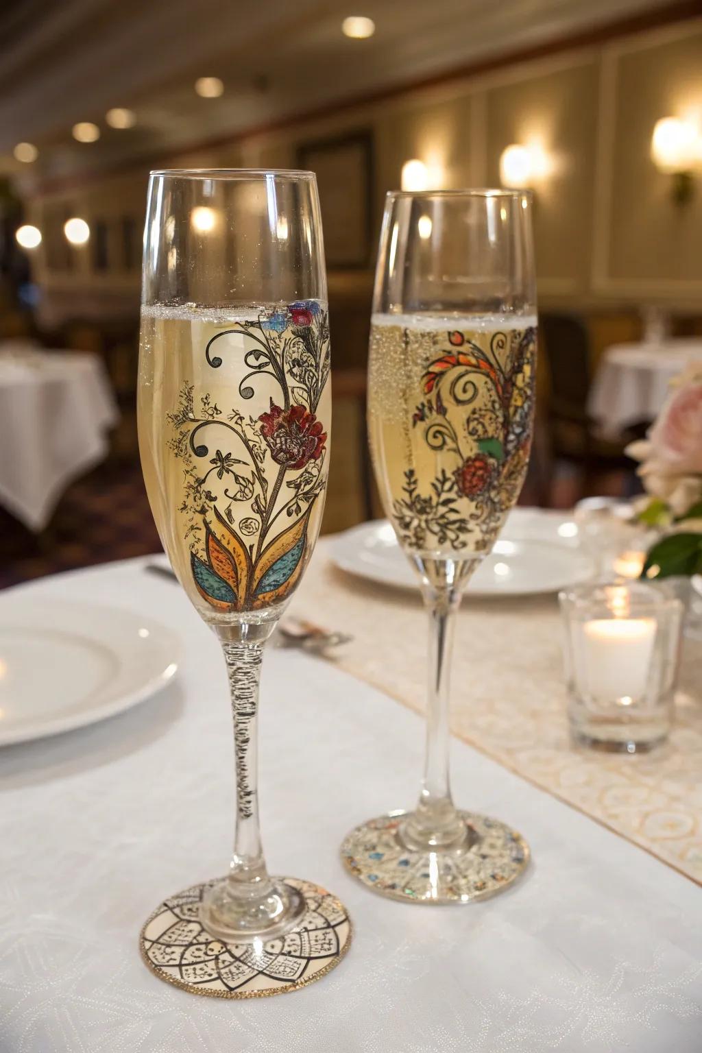 Hand-painted champagne glasses for a unique toast.